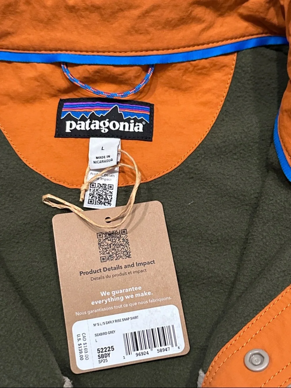 NEW Patagonia Long Sleeve Early Rise Snap Shirt in Seabird Grey Size Large